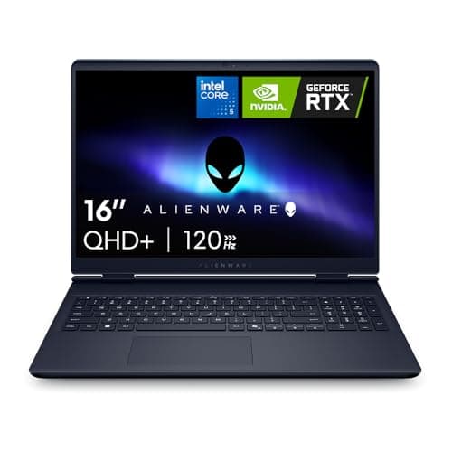 Notebook gamer Dell Alienware 16 Aurora com tela aberta mostrando especificações técnicas