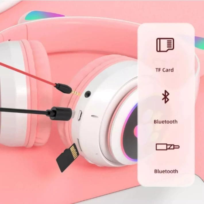 Fone de Ouvido Bluetooth Gatinho com LED Colorido, Headset Bluetooth Orelhas de Gato com Luz LED, Fones de Ouvido Wireless Cartão de Memória, Cabo P2, Bateria de 400mAh (Rosa) (Verde)