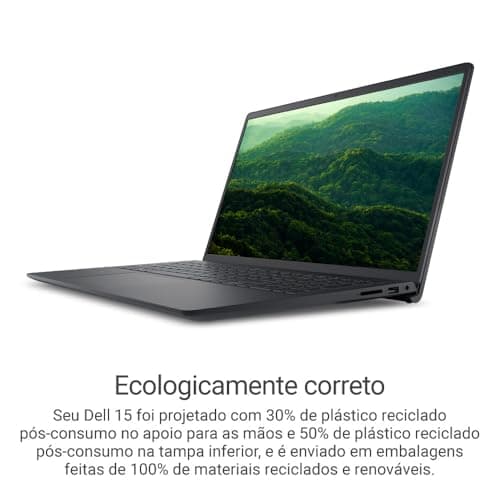 Notebook Dell 15 aberto mostrando paisagem verde, ecológico e sustentável.