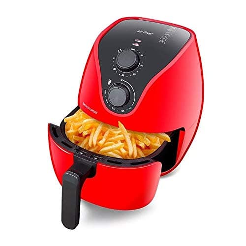Fritadeira elétrica vermelha 4L 1500W com fritas douradas, controles e texto 'MULTIFUSE'