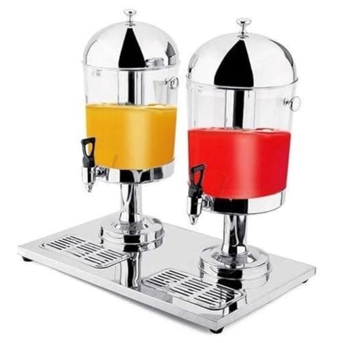 Suqueira dupla refresqueira dispenser suco bebidas inox buffet com líquidos amarelo e vermelho