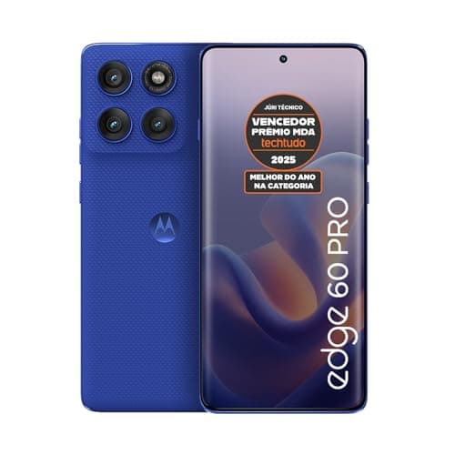 Smartphone Motorola Edge 60 PRO 5G azul marinho com quatro câmeras e logotipo Motorola