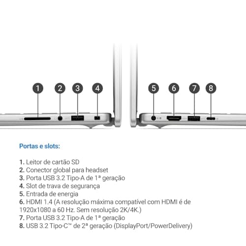 Portas e slots do notebook Dell 14 polegadas prata com leitor de cartão SD e USB