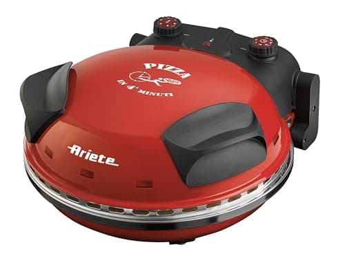 Forno para pizza vermelho Ariete 220V com controle de temperatura e tempo, design compacto e manoplas pretas