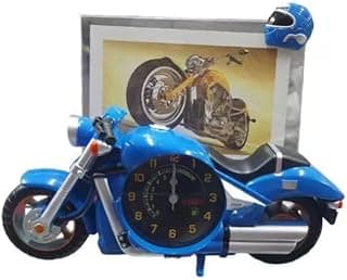 Relógio despertador de mesa em formato de motocicleta azul com porta-retrato