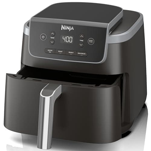 Fritadeira de ar Ninja AF141 Pro 4 em 1 com tela digital, porta aberta, opções de cozinha e fundo branco