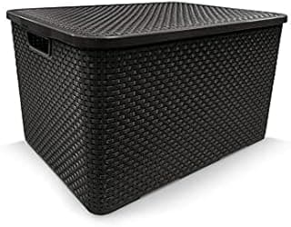 Caixa organizadora de rattan preta com tampa, 40 litros