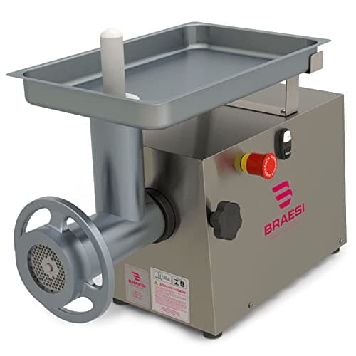 Moedor de carne Braesi 1,25 CV bivolt, modelo BMC-22, aço inoxidável, botão vermelho, logotipo Braesi