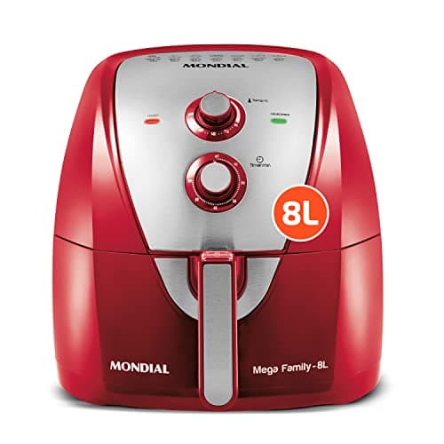 Fritadeira sem óleo Mondial vermelha e inox, 8L, 1900W, 220V, controles vermelhos, visor digital, fundo branco