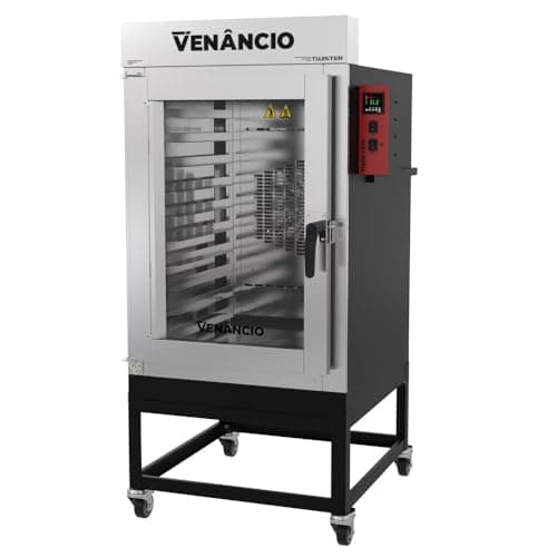 Forno industrial turbo elétrico Venâncio Twister com 10 esteiras, aço carbono, cavalete, controle digital e painel vermelho
