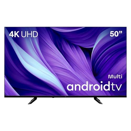 Smart TV 50 polegadas Multi 4K DLED Android TV com fundo floral roxo e branco