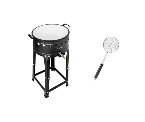 Fritadeira industrial com tacho esmaltado e escumadeira pretos