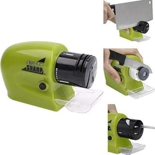 Afiador elétrico de facas e tesouras Swift Sharp em várias posições, verde e preto.