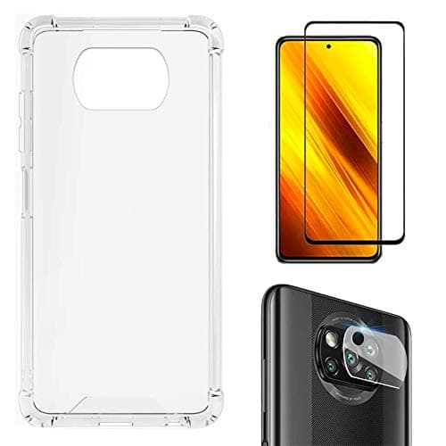 Kit de proteção para Xiaomi Poco X3 NFC/Poco X3 Pro com capa anti-impacto transparente, película de vidro 5D cerâmica e película para câmera traseira.