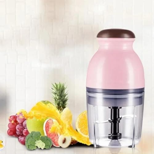 Mini moedor elétrico rosa e preto, capacidade 600ml, 250W, 220V, frutas e legumes ao redor