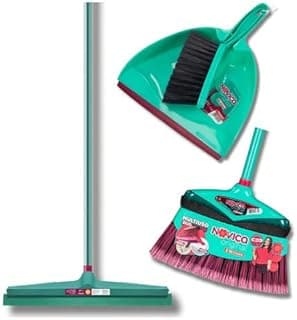 Kit de limpeza Noviça com vassoura, rodo e pá com escova, cores verde e vermelho