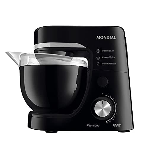 Batedeira planetária Mondial BP-03-B, 700W, 220V, preta, com logotipo Mondial e informações sobre modos de operação.