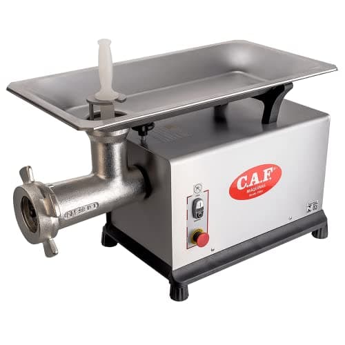 Moedor/picador de carne em aço inoxidável 98 DSM 3CV mono CAF, frontal com botão vermelho