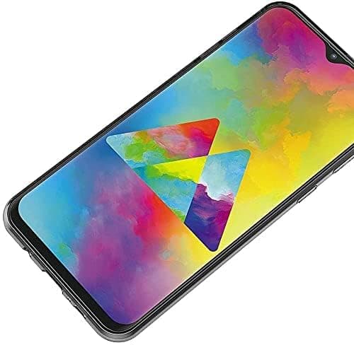Smartphone Samsung Galaxy M20 com capa transparente Maijin, mostrando a tela.