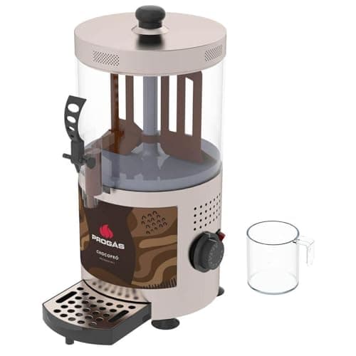 Chocolateira Chocopró 3L com estrutura em aço inox e duplo termostato, branco e preto, copo transparente ao lado.