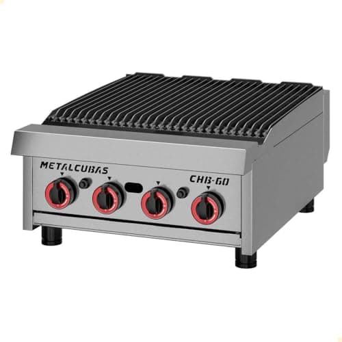 Chapa a gás Metalcubas CHB-60 com grelha preta e queimadores vermelhos, em fundo branco