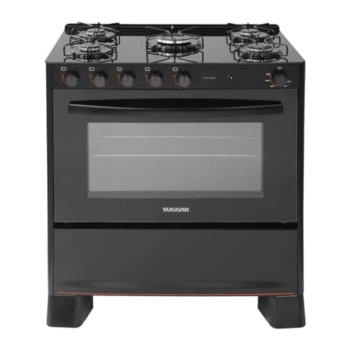 Fogão Suggar preto com mesa de vidro, 5 bocas e forno embutido