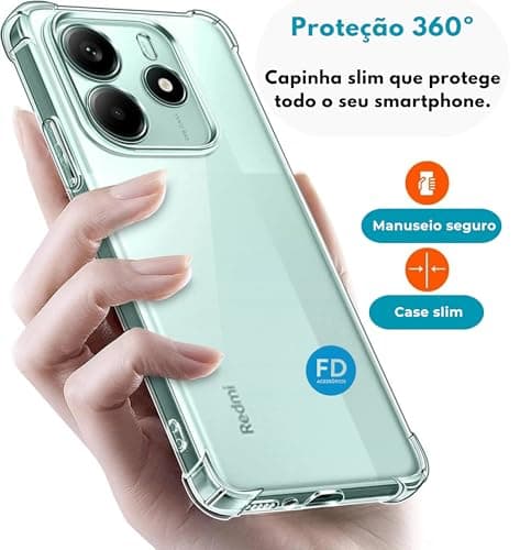 Capa slim transparente para smartphone Redmi Note 14 com proteção 360 graus.