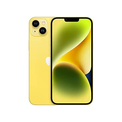 Apple iPhone 14 Plus amarelo com 256 GB, mostrando frente e traseira com câmeras duplas e tela ligada.
