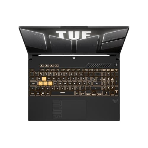 Teclado do Notebook Asus TUF Gaming F16 com teclas retroiluminadas em amarelo.