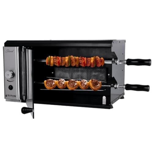 Churrasqueira de Bancada a Gás Titan com 2 Espetos, grelhando carnes e legumes