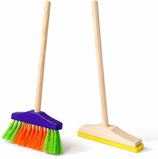Kit de limpeza infantil com vassoura e rodo de madeira, cores vibrantes