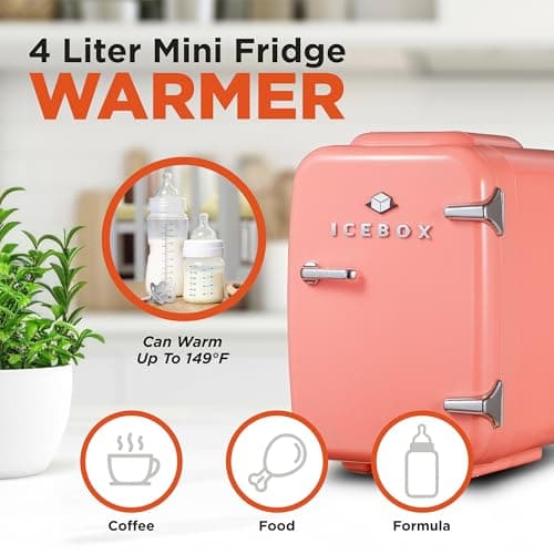 ICEBOX IBMF4BLS Geladeira para quarto, cuidados com a pele, refrigerador portátil e aquecedor de maquilhagem, para escritório e frigorífico doméstico, mini (4 L / 6 latas), vermelho rubor