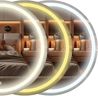 Espelho redondo LED com iluminação multicolorida refletindo cama e mesa de cabeceira