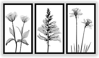 Kit 3 quadros decorativos grandes com moldura preta, flores minimalistas em preto e branco estilo raios X