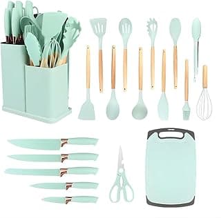 Kit de utensílios de cozinha em silicone com cabos de madeira verde-água