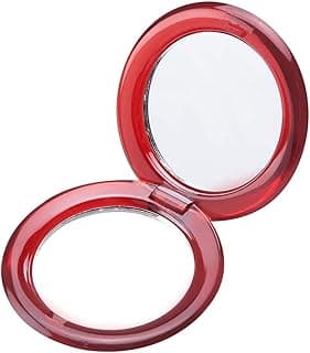 Espelho pequeno redondo de aumento vermelho, ideal para maquiagem e cuidados pessoais.