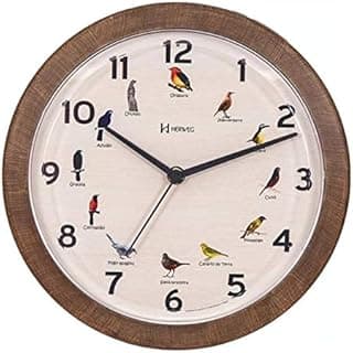 Relógio de parede Herweg com pássaros brasileiros, fundo branco, moldura marrom