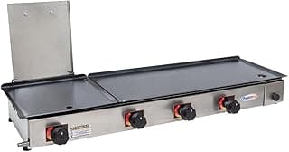 Chapa de lanche industrial grande a gás com superfície dupla, controles pretos, fundo branco