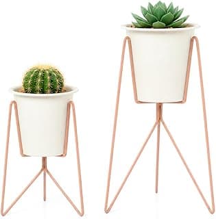 Kit 2 Vasos Decorativos Suspensos com Suporte Metálico Tripé, Design Art Déco, Cores Pastel, Acabamento Fosco, Plástico e Metal