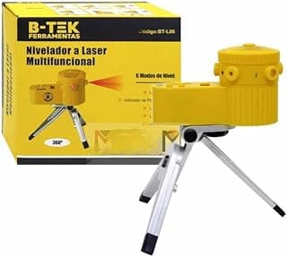 Nível a laser multifuncional B-TEK com tripé, embalado em caixa amarela.