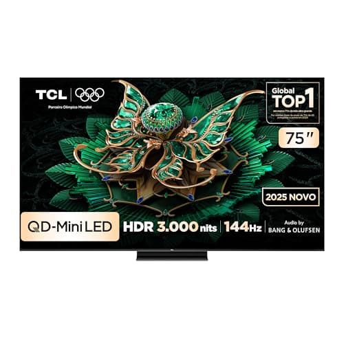 Smart TV TCL 75 polegadas QLED Mini LED 4K com borboleta verde e detalhes em ouro