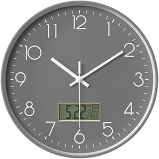 Relógio de Parede Silencioso 30cm | Analógico Moderno Minimalista com Números em Relevo, Painel LCD Data e Temperatura, Silencioso Sem Tique-Taque | Para Sala Escritório Cozinha Quarto (CINZA)