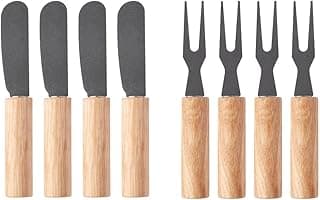 Set de utensílios de cozinha com quatro espátulas e quatro garfos para petiscos, cabos de madeira e lâminas de aço inoxidável