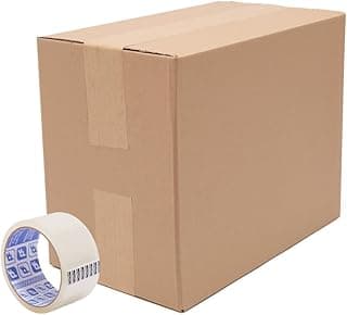 Caixa de papelão marrom fechada com fita adesiva branca e azul