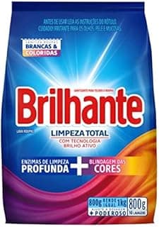 Sabão em pó Brilhante Limpeza Total 800g, embalagem azul com destaque para texto e selo de lavagem.