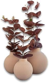 Trio de vasos decorativos com eucalipto artificial, cor areia, minimalista, para sala ou escritório