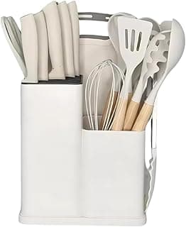Kit de utensílios de cozinha com 19 peças em silicone branco com facas, espátulas, tesouras, tábua e porta-utensílios
