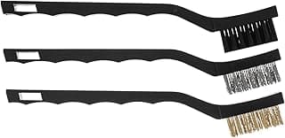 Três escovas de aço com cerdas prateadas e cabos pretos, ideal para limpeza pesada de metal e madeira.