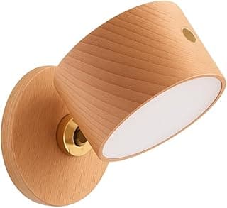 Arandela de parede LED giratória em madeira com acabamento dourado e cúpula branca para leitura.