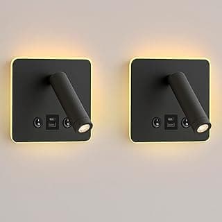 Arandelas de leitura LED com USB e USB-C, iluminação branca, foco móvel, botão de controle, fundo neutro.